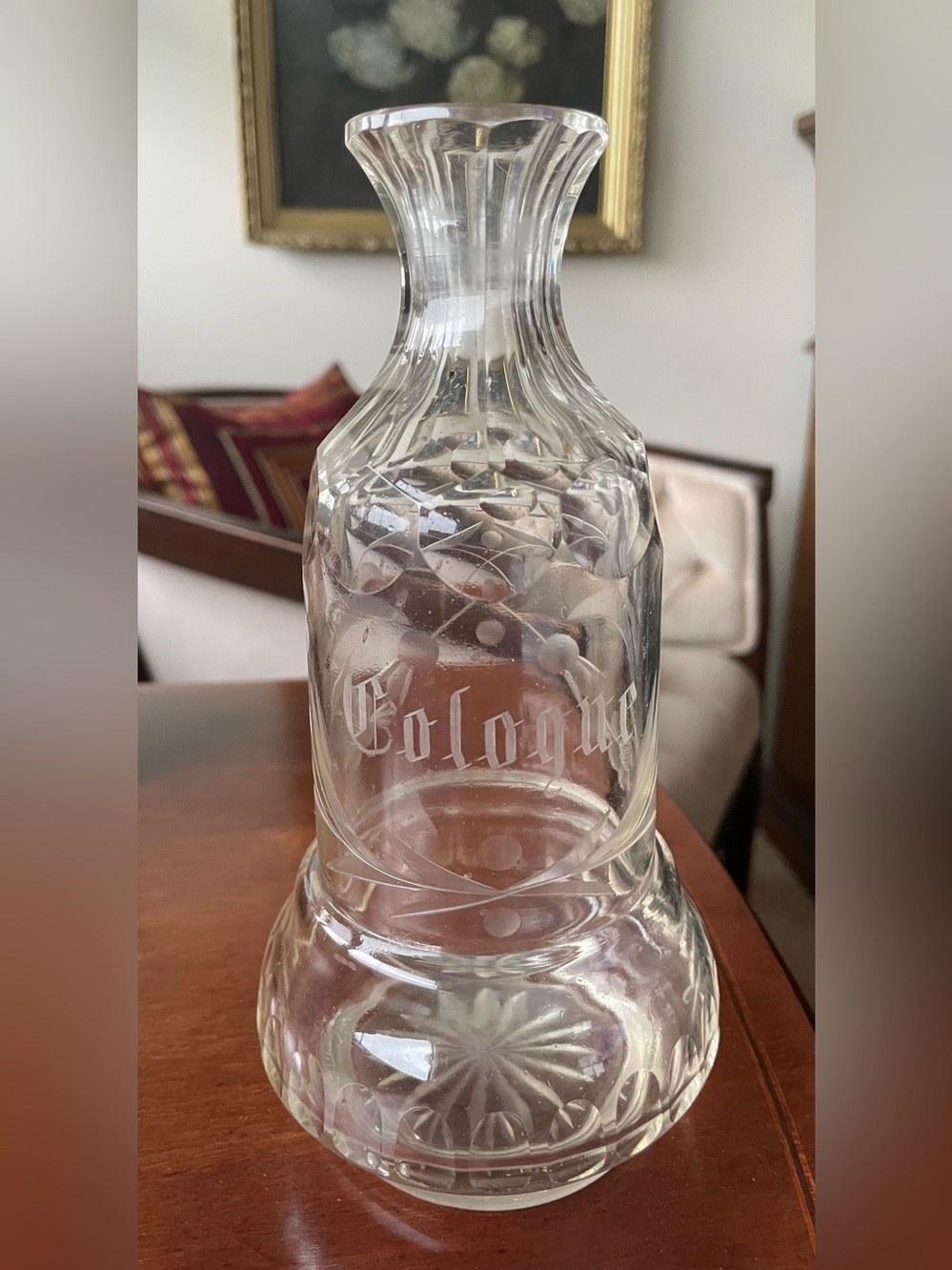 1900 Antique Victorian Apothecary Clear Etched Glass Crystal Cologne 8 in Bottle
